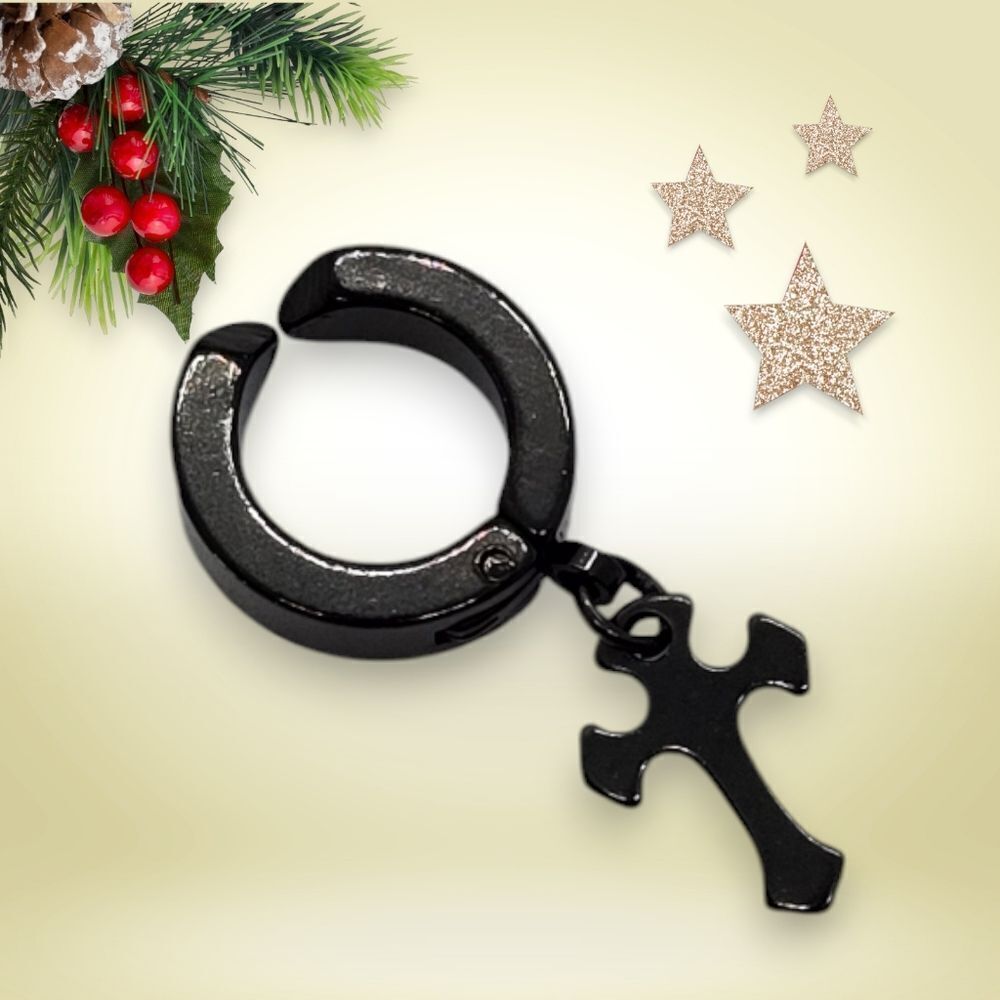 Men's Stainless Steel Cross Huggie Hoop Earring Black Dangle Clip On Jewelry NEW